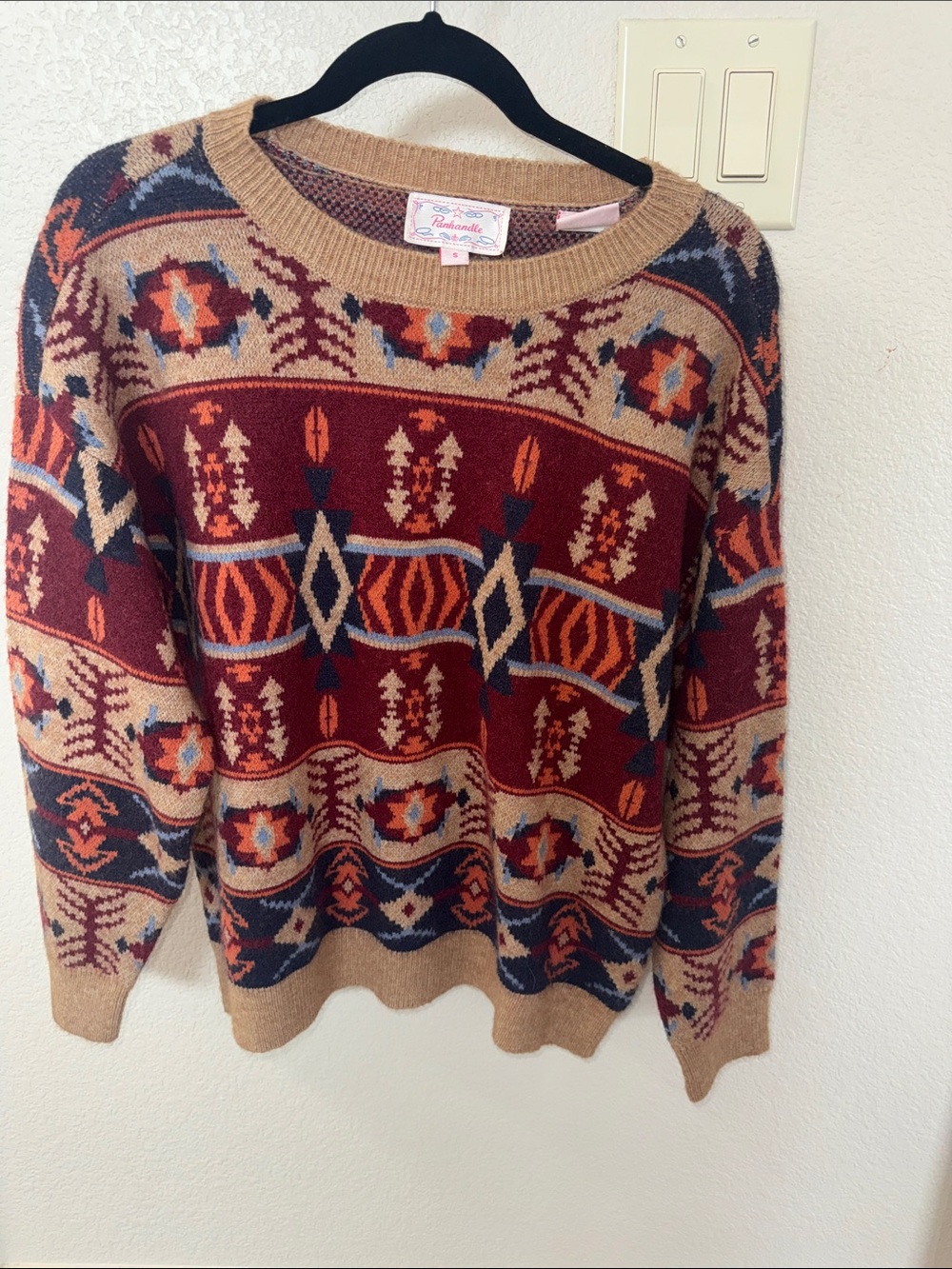 Handmade Look Crewneck Sweater in Burgundy and Tan